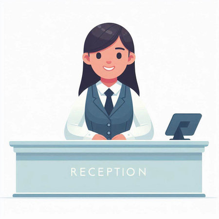 Receptionist at the reception desk. Flat style vector illustration.のイラスト素材