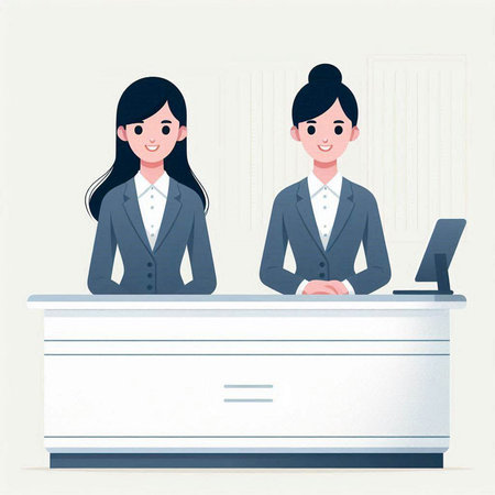 Two businesswomen at reception desk in office. Vector illustration in flat style.のイラスト素材