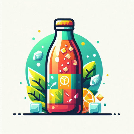 Bottle of lemonade with ice cubes and mint leaves. Vector illustration.のイラスト素材
