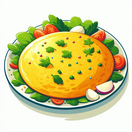 Illustration of a plate of omelette with vegetables on a white backgroundのイラスト素材