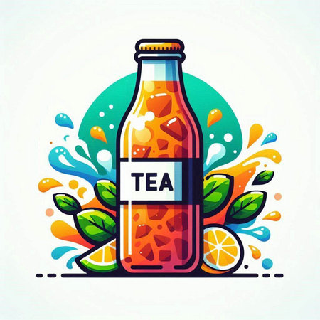 Bottle of tea with lemon and mint leaves. Vector illustration.のイラスト素材