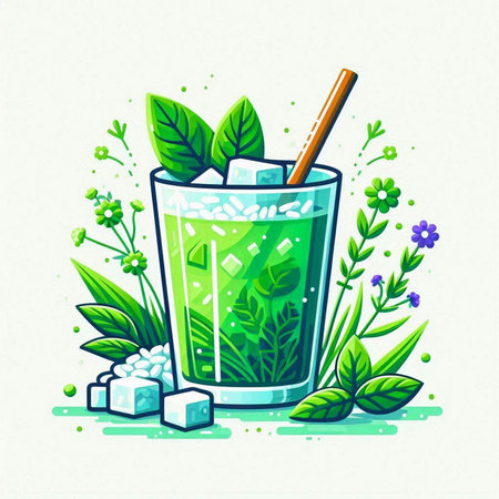 Green smoothie with ice cubes and mint leaves. Vector illustration.のイラスト素材