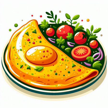 Illustration of a pizza with tomato and basil on a white backgroundのイラスト素材