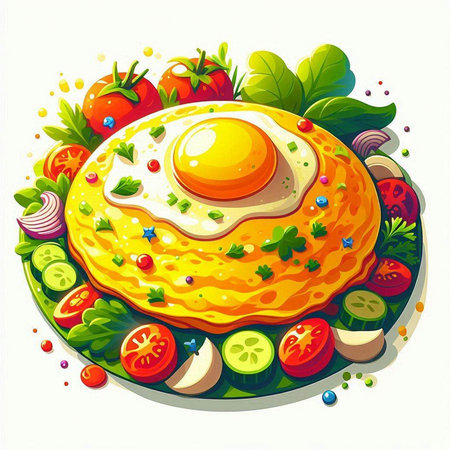 Fried egg with vegetables and greens on a plate. Vector illustration.のイラスト素材