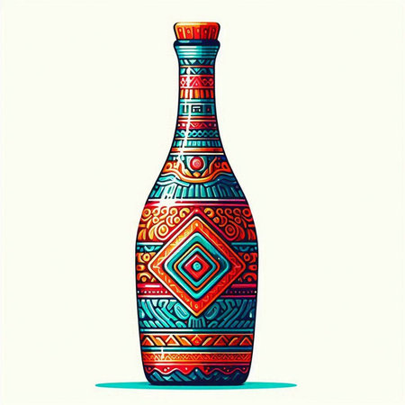 Colorful vector illustration of a bottle of wine with ethnic ornament.のイラスト素材