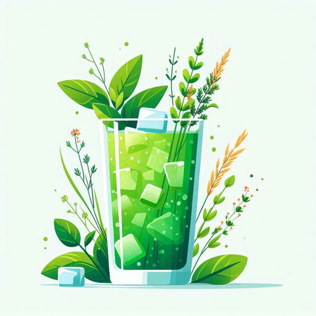 Green smoothie with ice and herbs. Vector illustration in flat style.のイラスト素材