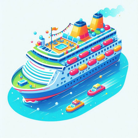 Cruise ship isometric vector illustration. Colorful cartoon ship.のイラスト素材