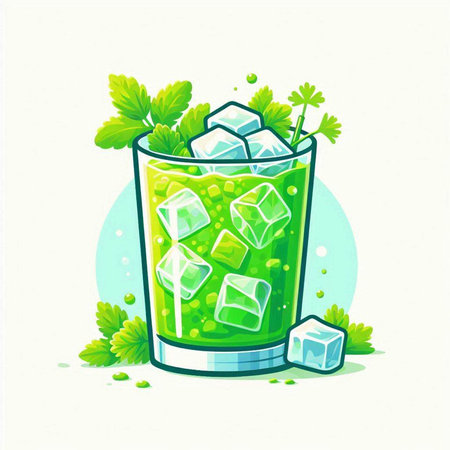 Cocktail with ice cubes and green leaves. Vector illustration.のイラスト素材