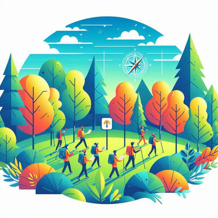 Vector illustration of people walking in the park on a sunny day.のイラスト素材