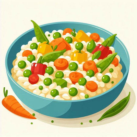Illustration of a bowl of porridge with green peas and carrotsのイラスト素材