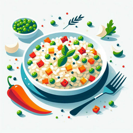 Risotto with green peas, tomatoes and basil. Vector illustration.のイラスト素材