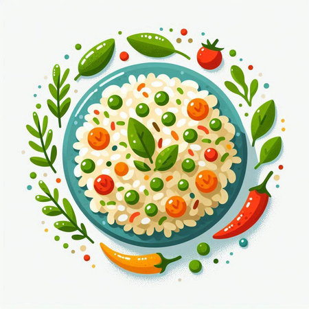 Risotto with vegetables and herbs. Vector illustration in flat styleのイラスト素材