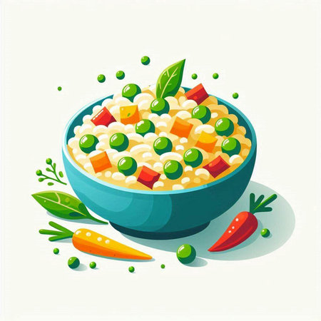 Vector illustration of a bowl of porridge with peas and carrots.のイラスト素材