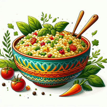 Illustration of a bowl of bulgur with vegetables on a white backgroundのイラスト素材