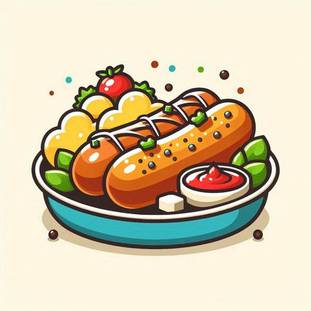Grilled hot dog with ketchup and mayonnaise. Vector illustration.のイラスト素材