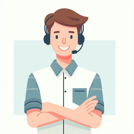 Call center operator with headset. Vector illustration in a flat style.のイラスト素材