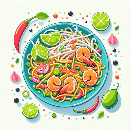 Spaghetti with shrimps and vegetables on a plate. Vector illustration.のイラスト素材