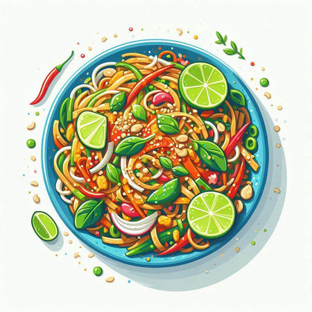 Spicy Asian noodle with lime and herbs. Vector illustration.のイラスト素材
