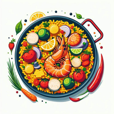 Seafood paella with shrimps, vegetables and herbs. Vector illustrationのイラスト素材