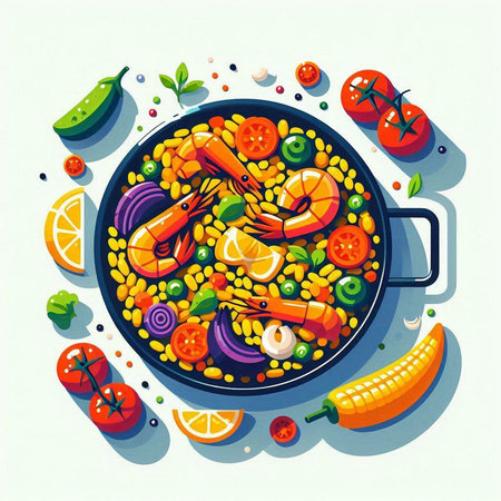 Colorful illustration of paella with shrimps, tomatoes, corn and cucumberのイラスト素材