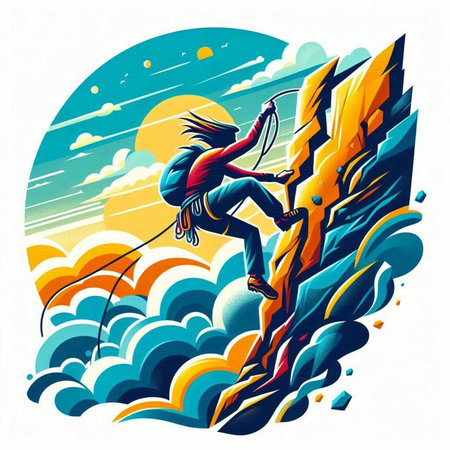 Climber on the cliff. Vector illustration in retro style.のイラスト素材