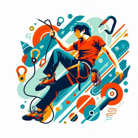 Handsome young man climbing on a wall. Vector illustration.のイラスト素材