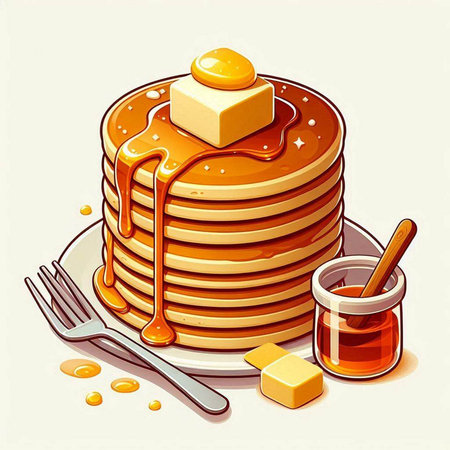 Vector illustration of a stack of pancakes with honey, butter and spoonのイラスト素材