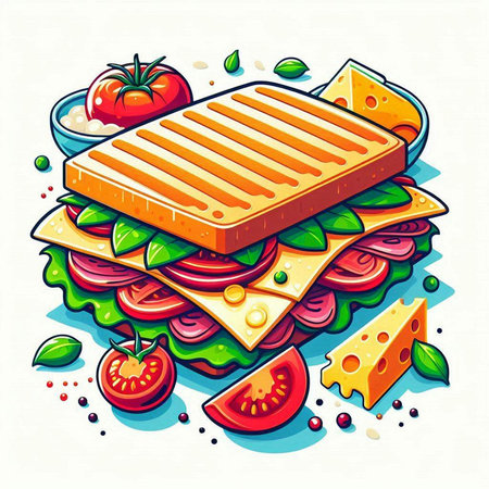 Sandwich with cheese and tomatoes. Vector illustration of a sandwich.のイラスト素材