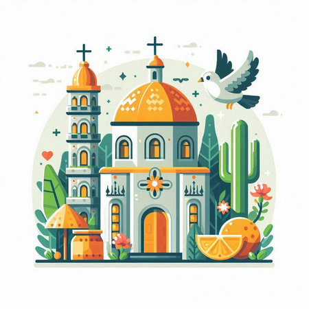 Church and cactuses. Vector illustration in a flat style.のイラスト素材