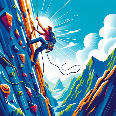 Illustration of a rock climber climbing up a steep wall.のイラスト素材