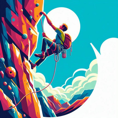 illustration of a rock climber climbing on a wall in the mountainsのイラスト素材