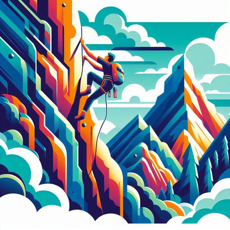 illustration of a man climbing a mountain in the clouds, vector illustrationのイラスト素材