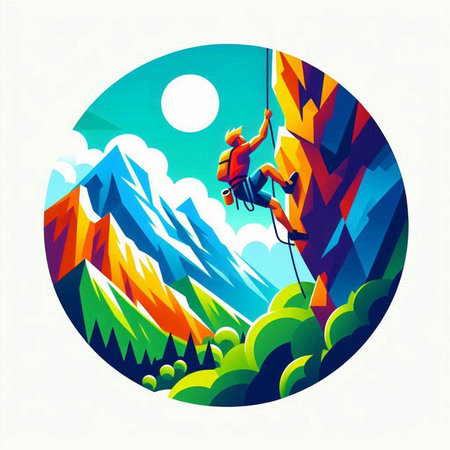 climber on the background of the mountain landscape, vector illustrationのイラスト素材