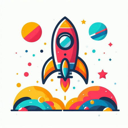 Rocket in space. Vector illustration in flat linear style on white background.のイラスト素材