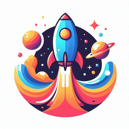 Space rocket and planets. Colorful vector illustration in cartoon style.のイラスト素材