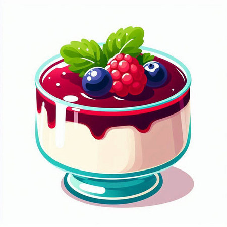 Delicious yogurt with berries in a glass bowl. Vector illustration.のイラスト素材