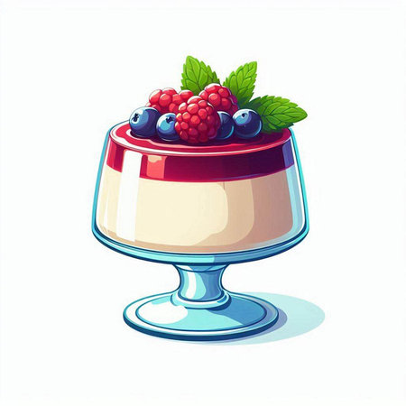 Panna cotta with fresh berries and mint. Vector illustration.のイラスト素材