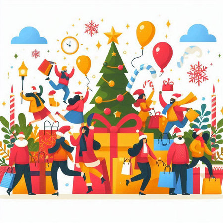 Happy New Year and Merry Christmas. People with gift boxes, balloons, snowflakes, Christmas tree, presents. Vector illustrationのイラスト素材