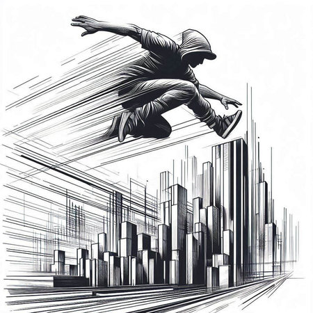 Illustration of a breakdancer jumping over a cityscape.のイラスト素材