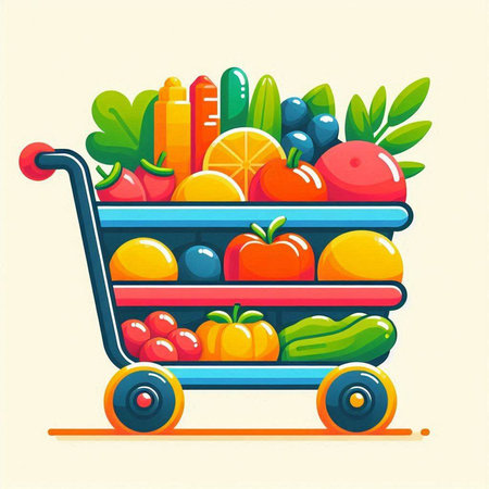 Cart with shopping cart full of fruits and vegetables. Vector illustration.のイラスト素材
