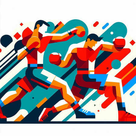 Abstract colorful illustration of running men in motion. Sport concept. Vector illustration.のイラスト素材