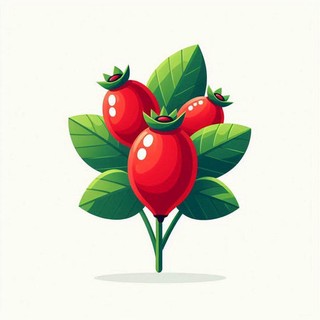 Rosehip branch with ripe berries and green leaves. Vector illustration.のイラスト素材