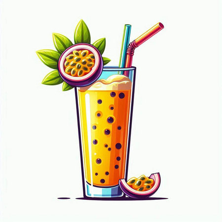 Passion fruit smoothie in glass isolated on white background. Vector illustration.のイラスト素材