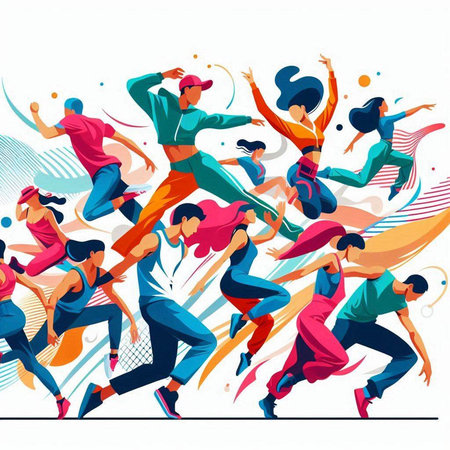 Group of young people jumping in the air. Colorful vector illustration.のイラスト素材