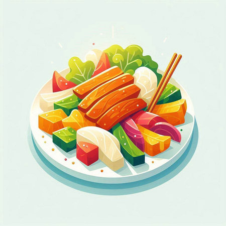 Illustration of a plate with salmon, vegetables, cheese and chopsticksのイラスト素材