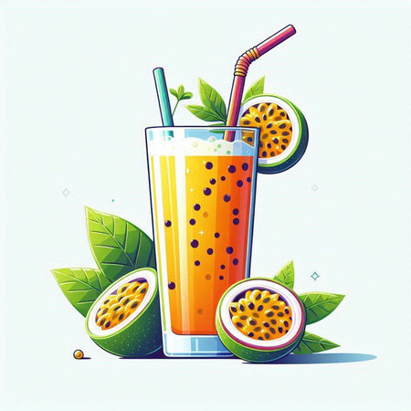 Fruit smoothie with passion fruit and leaves. Vector illustration.のイラスト素材