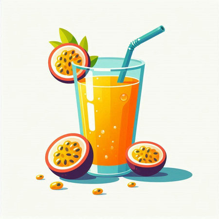 Glass of fresh passion fruit juice with straw and ripe fruits. Vector illustration.のイラスト素材