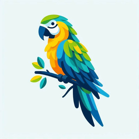 Colorful parrot sitting on a branch with leaves. Vector illustration.