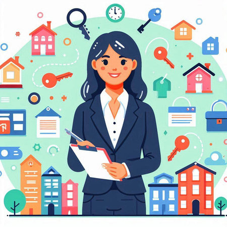 Vector illustration of real estate agent in flat style. Young woman in business suit with documents in hands.のイラスト素材
