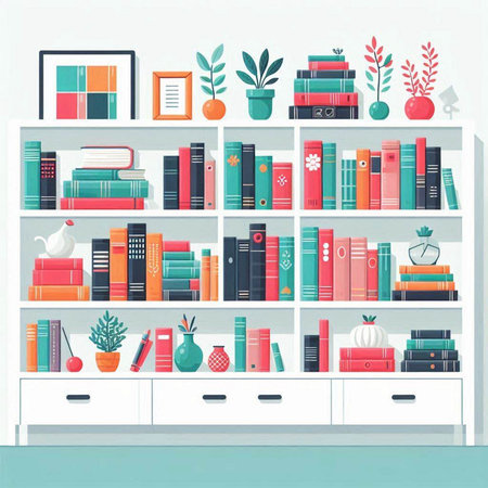 Bookshelf with books and decorations. Vector illustration in flat styleのイラスト素材